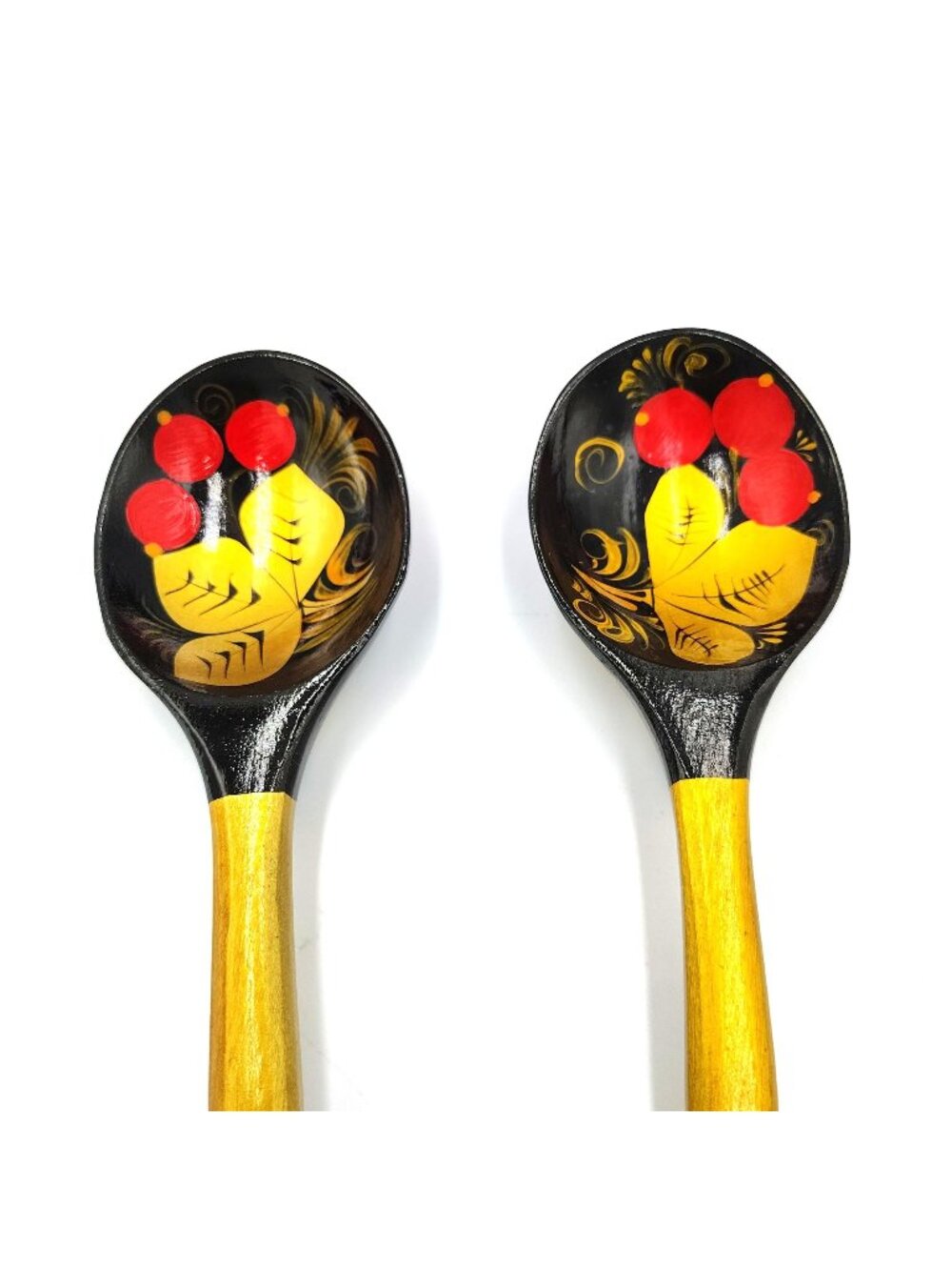 Hand Painted Wooden Serving Spoon Set Khokhloma Style Red Berries Folk Art Pair
